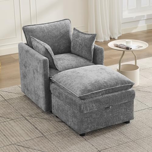 30" Cloud Modular Single Sofa Chair with Storage Ottoman, Modern Upholstered Accent Chair with Storage, Chenille Reading Lounge Armchair for Living Room, Bedroom, Small Space, Light Grey - color: Light Grey, size: 30'' Accent Chairs+1 Ottoman