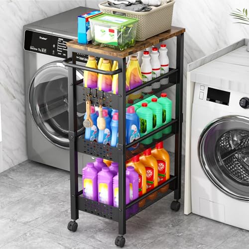 Vivihomety 4-Tier Laundry Utility Rolling Cart with Wheels, Kitchen & Bath | Narrow 8.1" wide, lockable wheels, wood top panel, metal frame, for laundry room, small spaces, pantry, tight gaps, Black - color: Black, size: 8.1 inch wide