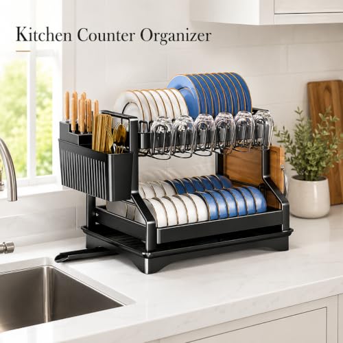 Fandian Black Dish Drying Rack 2 Tier Dish Racks for Kitchen Counter and Sink, Large Dish Drying Rack with Drainboard & Utensil Holders Stainless Steel Dish Drainers Kitchen Organization and Storage - color: Black Dish Racks