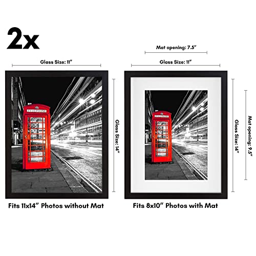 Americanflat 11x14 Picture Frame with Shatter-Resistant Glass - Set of 2 - Use as 8x10 Frame with Mat or Display 11x14 Photo Without Mat - Signature Collection - Picture Frames for Wall - Black | Engineered Wood construction, Shatter-resistant glass, hang