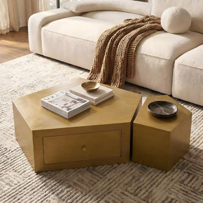 Geometric Nesting Coffee Table Set of 2 with Drawer, Gold | 33.15"&14.57", Modular Nesting Table, Drawer Storage, Faceted Polyhedral Artisan Center Table, No Need Assembled, Living Room - color: 33.15" & 14.57" Geometric Nesting Coffee Table