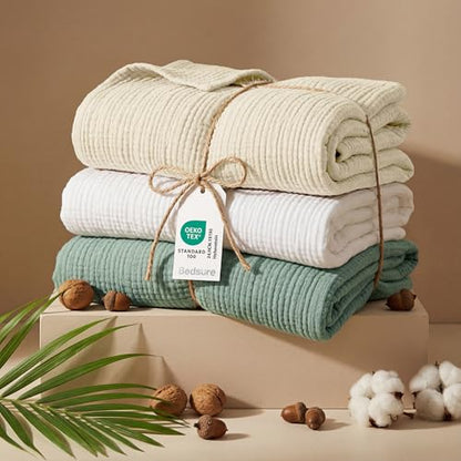 Bedsure 100% Cotton Muslin Throw Blanket Large 50x70 Inches - 4-Layer Breathable and Lightweight Thin Soft Summer Gauze Muslin Blankets for Adults, Sage Green, Boho Cotton Throw for Couch | 4-Layer Breathable,Lightweight, Soft Cooling Summer Gauze Cotton