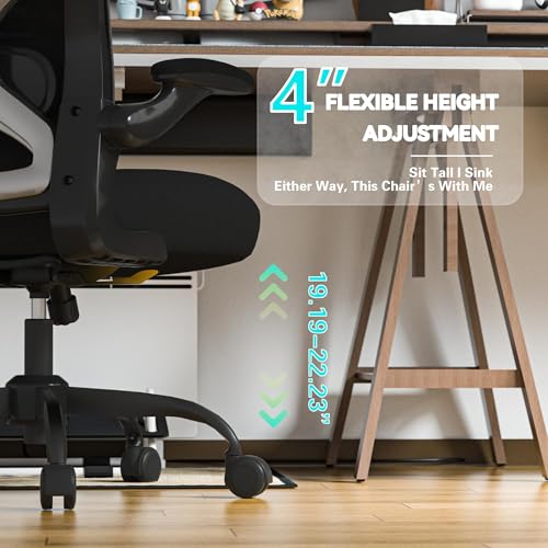 Ergonomic Home Office Chair, 4-Way Lumbar, Thick Cushion, 330LBS | Adjustable Lumbar (up/down/in/out), Rocking Mesh Back, Flip-up Arms, Easy Assembly, Ideal for home offices & small workspaces - color: Black With Finish Silver