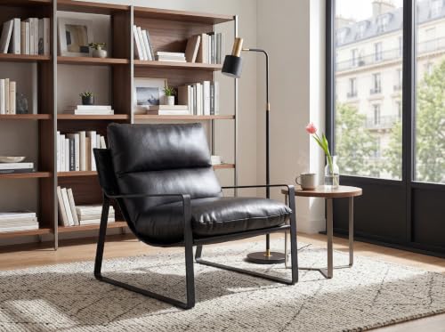 Set of 2 Accent Chairs, PU Leather Living Room Chair, Black | Comfy Armchairs, Upholstered Lounge Armchair, Removable Seat Cushion, Black Metal Frame, For Reading Room, Bedroom, Balcony - color: Black-black Legs, size: 2PCS