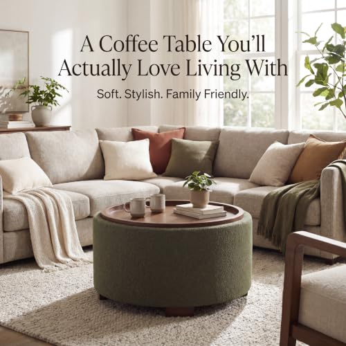 Zihanhome 30 Inch Round Storage Ottoman, Ottoman Coffee Table with Lift Off Lid, Boucle Modern Ottomans with Storage for Living Room, Bedroom, Apartments (Green) - color: Green