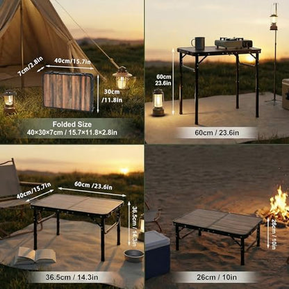 Small Folding Camping Table, 2ft Portable Picnic Table Aluminum 24" x 16" Folding Table, 3 Adjustable Heights Portable Lightweight Table Dining Table for RV, Picnic, Beach (Wood Grain) - color: Wood Grain
