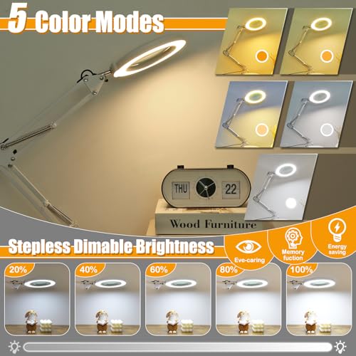 IVMAIE 12X Magnifying Glass with Light and Stand (No Acrylic Lens), 2-in-1 Lighted Magnifier with Clamp 5 Color Modes Dimmable LED Desk Lamp Hands Free for Painting Craft Sewing Hobby Close Work White - color: White