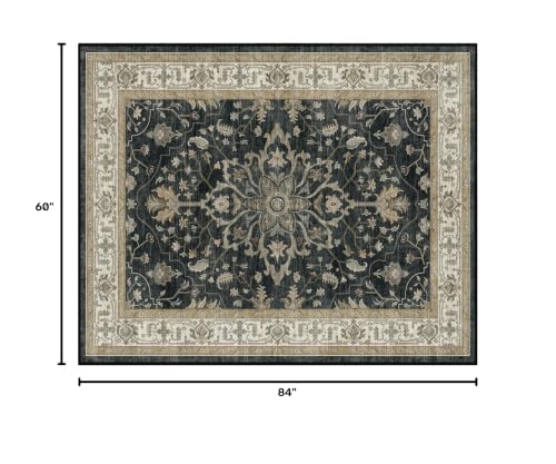 RELEANY Washable Vacuum-Friendly Area Rugs 5'x7' Black/Vintage | Low Pile Stain-Resistant, Soft Non-Slip, Floral Vintage Distress Print Pattern Medallion, for Living Room Bedroom Hallway - color: Black/Vintage, size: 5' x 7' (Rectangular)