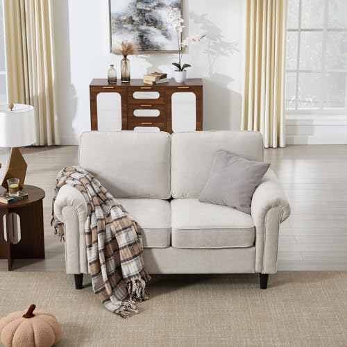 Loveseat 2 Seater Couch, Mid Century Modern Chenille Sofa with Rolled Arms and Deep Seats, Fluffy Comfort for Living Room, Apartment, Easy Assembly, Beige - color: Beige, size: Chenille Loveseat