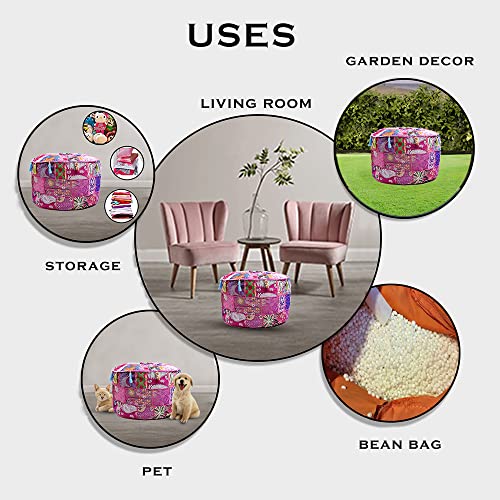 Indian Pouf Footstool Ethnic Embroidered Pouf, Indian Cotton Round Pouffe Ottoman - Cover Only (Pink, 18x13) - color: Pink, size: 13"D x 13"W x 18"H