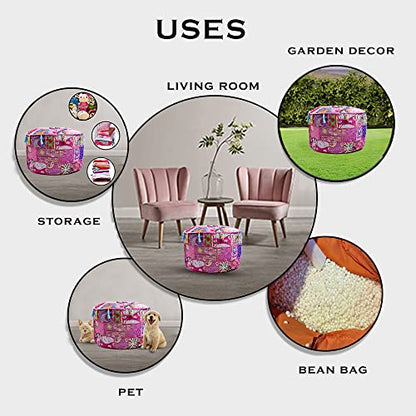 Indian Pouf Footstool Ethnic Embroidered Pouf, Indian Cotton Round Pouffe Ottoman - Cover Only (Pink, 18x13) - color: Pink, size: 13"D x 13"W x 18"H