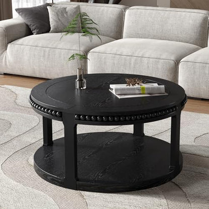 Round Wood Coffee Table, Farmhouse Rustic Circle Coffee Tables, 2-Tier Solid Wood Coffee Table for Living Room Apartment Office-31.5'' Black - color: 2tier-black Wood, size: 31.5''Round