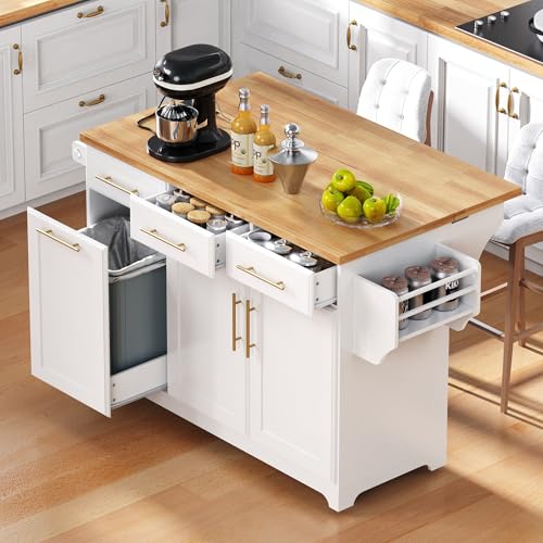 Kitchen Island with Trash Can Storage & Pull-Out Trays | Solid Rubberwood Countertop Kitchen Island on Wheels, Drop Leaf, Power Outlet, 3 Drawers - color: White