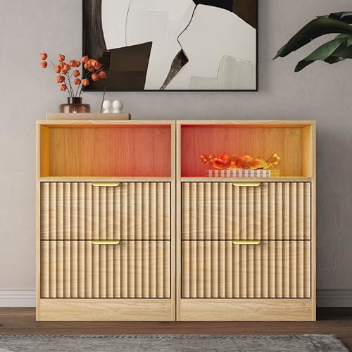 Fluted Nightstand Set of 2, LED Nightstand with Charging Station, Wood Nightstands with 2 Drawers & Metal Handles, Modern Bedside Table & End Tables, Farmhouse Night Stands for Bedroom, Natural - color: Natural Oak, style: LED 2 Drawers-2 PCS