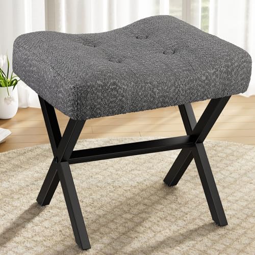 18-Inch Large Vanity Stool Chair, Gray Makeup Stool | Teddy Flannel Vanity Bench, Metal X-Leg, 350 LBS, 20"x16.9"x18", Ottoman Accent Stool, Breathable Soft Padded Saddle Seat - size: Large, style: Gray Fabric