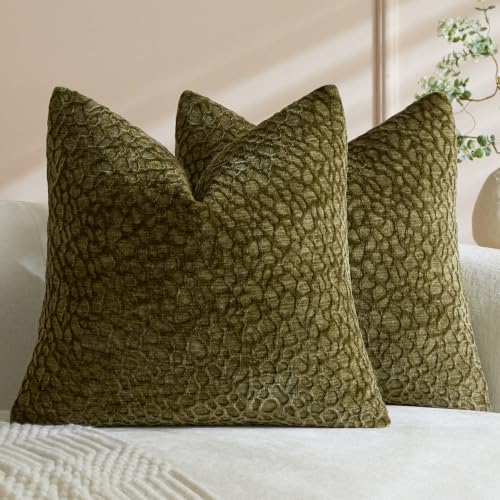 Olive Green Chenille Throw Pillow Covers 18x18 Inch Set of 2, Jacquard Raised Textured Decorative Pillow Cases Organic Boho Farmhouse Decor for Living Room - color: Olive Green, size: 18" x 18" (Pack of 2)
