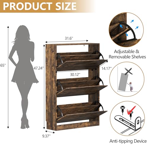 Narrow Shoe Cabinet for Entryway, Slim Shoe Storage Cabinet with 3 Flip Drawers, Hidden Wood Shoe Cabinet Storage, Freestanding Shoe Rack Organizer Foyer, Hallway, Brown - color: Brown, style: Hidden 3 Drawers
