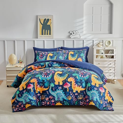 Kids Twin Comforter Set for Boys and Girls, 3pcs Dinosaur Comforter with 2 Pillowcases, Floral Dino Twin Bedding Set for Kids Teens Washable Super Soft Microfiber for All Season, Blue - color: Dino Blue, size: Twin-3pieces