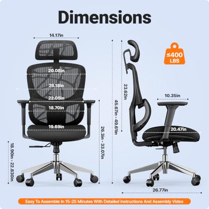 Black Ergonomic Mesh Home Office Chair, Big & Tall Gaming Chair - High-Adjustable Lumbar Support, 4D Armrests, 2D Headrest, 90°~135° Tilting with Lock, Swivel Desk Chairs 600lb Capacity