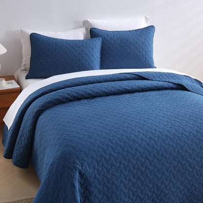 Wistown Cotton Queen Bedspread Quilt Bedding Set, Navy Blue | 3 Pieces Reversible Lightweight Soft Coverlets Comforters, All Seasons, Weave Stitching Pattern - color: Navy Blue Weave Pattern, size: Queen (90 by 98inch)