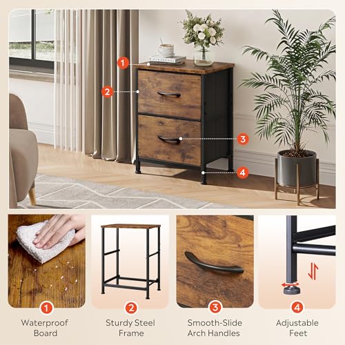 WLIVE Night Stand, Small Dresser with 2 Drawers & Wooden Top, Nightstand with Fabric Bins, Bedside Table End Table for Bedroom, Closet, Entryway, College Dorm, Rustic Brown | Nightstand with Fabric Bins, Bedside Table End Table for Bedroom, Kids Room - co