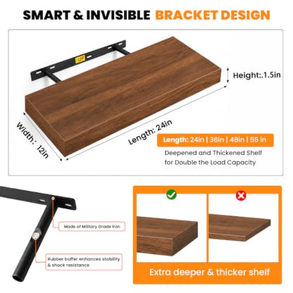 RICHER HOUSE 12 Inch Deep Floating Shelves, 36 Inch Long Wall Shelf, Walnut | Rustic Wood Wall Mounted Shelves, Bookshelf Set of 2 with Invisible Bracket for Display Bathroom Bedroom Kitchen Living Room - color: Walnut, size: 36in
