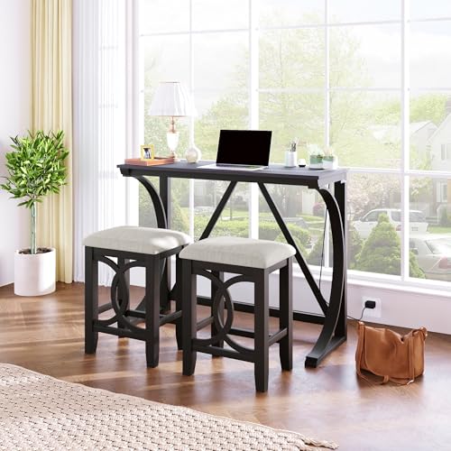3 Piece Counter Height Dining Table Set with 2 Stools, 47.2 Inch Breakfast Nook Table for Small Spaces, Solid Wood Frame, Farmhouse Apartment Kitchen Set,Espresso - color: Espresso
