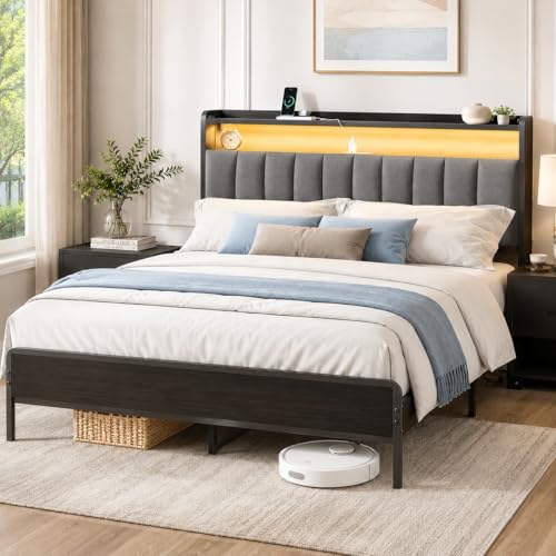 Nuturelly Queen Bed Frame with LED Lights and Charging Station, Black Metal Platform Bed with Upholstered Storage Headboard, No Box Spring Needed, Heavy Duty Smart Bed with USB Ports, Easy Assembly - color: Black, size: Queen