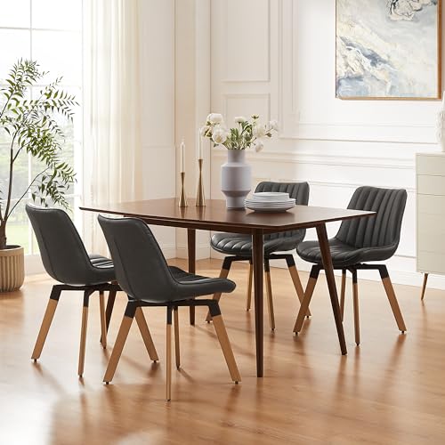 Mid Century Upholstered Swivel PU Dining Chairs Set of 2 Dark Gray | 360° swivel curved foam-padded seat armless design dining room chairs accent chairs solid wood legs floor protection pads - color: Black Gray, size: Set of 2-PU