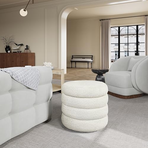 allamazing Storage Ottoman, Round Ottoman with Storage, Vanity Stool Foot Rest with Removable Lid, Round Boucle Upholstered for Living Room Pouf Footstool - color: Off White