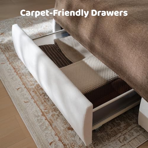 RECCI King Upholstered Wingback Bed Frame with Storage Drawers | 52” Tall Cushioned Headboard, Soft Edges, Low Profile Platform Bed, Sturdy Wood Slats, No Box Spring Needed