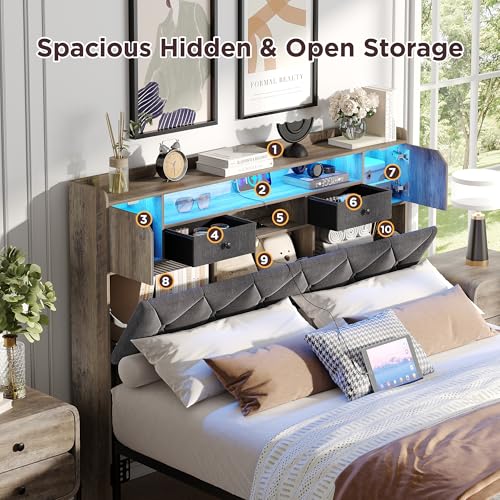 Maupvit Headboard for Queen Size Bed with Storage, Upholstered Headboard Only, Wood Head Board with Charging Station and Led Light, Height-Adjustable, Hidden and Open Storage, Rustic Grey