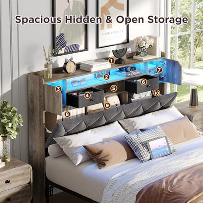 Maupvit Headboard for Queen Size Bed with Storage, Upholstered Headboard Only, Wood Head Board with Charging Station and Led Light, Height-Adjustable, Hidden and Open Storage, Rustic Grey