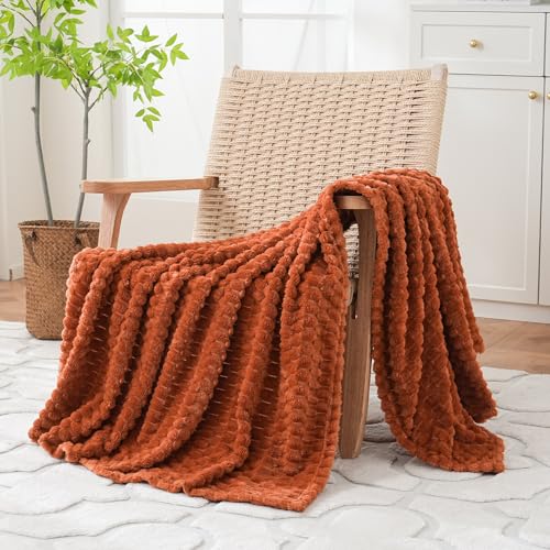 Puncuntex Burnt Orange Throw Blanket 108"×90" Fuzzy 3D Jacquard Decorative | Flannel Fleece Super Soft Plush Cozy Blanket for Couch Sofa Chair Lightweight - color: Burnt Orange, size: 108"×90”