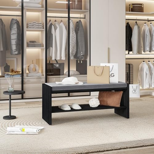 40" Entryway Shoe Bench with Storage & Cushion, Modern Fluted Shoe Rack for Mudroom, Sturdy Wooden Hallway Bench with 360 lbs Capacity, Black Oak - color: Black Oak