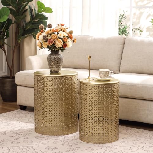 Homebeez Modern Nesting Tables Set of 2, Round Metal End Table, Gold | Accent Side Tables for Living Room & Bedroom, No Assembly Nightstands - color: Gold