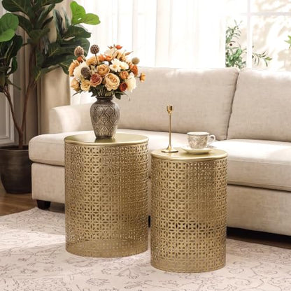 Homebeez Modern Nesting Tables Set of 2, Round Metal End Table, Gold | Accent Side Tables for Living Room & Bedroom, No Assembly Nightstands - color: Gold