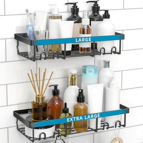 Moforoco Shower Caddy Shelf Organizer Rack, Self Adhesive Black Bathroom Shelves Basket, Home Farmhouse Wall Inside Organization and Storage Decor Rv Accessories, First Camper Apartment Essentials - color: Black, size: Large