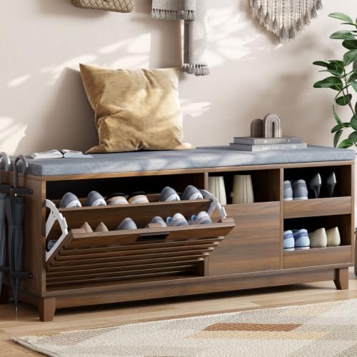 47.2" Shoe Storage Bench with Flip Drawer, 2-Tier Entryway Bench with Padded Seat Cushion & 2 Pull-out Shelves & Semi-open storage, Shoe Rack Bench with Side Holder for Hallway,Bedroom (Walnut)