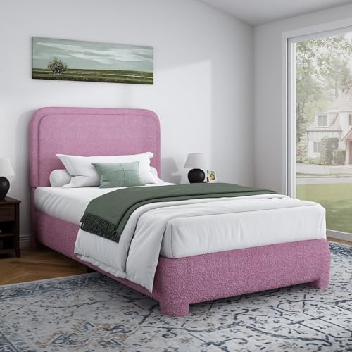 BarnFurin Twin Bed Frame, Cloud Boucle Headboard, Low Profile, Rose Pink | Soft boucle and rounded edges create a low-profile cloud look. Wooden slats support the mattress without a box spring - color: Rose Pink, size: Twin