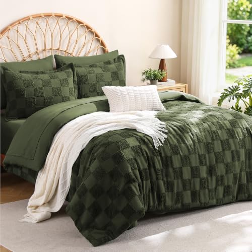 MR&HM 7 Pieces Comforter Set Full, Checkered Boho Bed Set Dark Olive Green | Farmhouse Vintage Bed with Plaid Geometric Design, All-Season Bed in A Bag Comforter with Sheets, Pillow Shams & Pillowcases - color: 4- Dark Olive Green- Checkered, size: Full