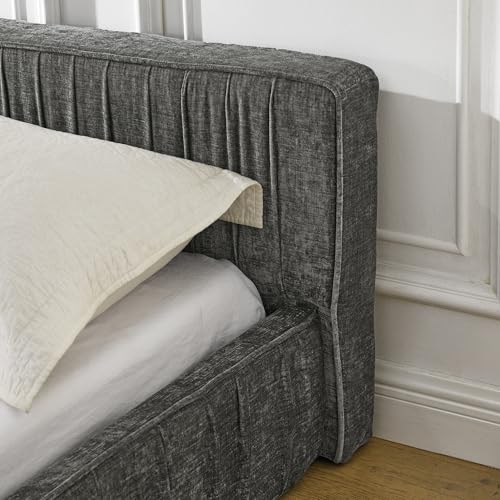 Queen Size Upholstered Bed Frame, Modern Grounded Bed with Solid Wood Slats, Pleated Headboard, Sturdy Construction, No Box Spring Needed, Grey (Grey, Queen) - color: Grey