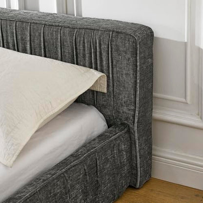 Queen Size Upholstered Bed Frame, Modern Grounded Bed with Solid Wood Slats, Pleated Headboard, Sturdy Construction, No Box Spring Needed, Grey (Grey, Queen) - color: Grey