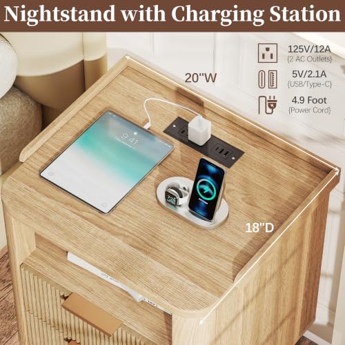 Baoz Fluted Nightstand with Charging Station & 2 Drawers, Natural Oak | 20" Wide Mid Century Modern Bedside Table with Light Wood Curved Profile 27in Tall LED Night Stand for Bedroom - color: Oak, size: 2 Drawers