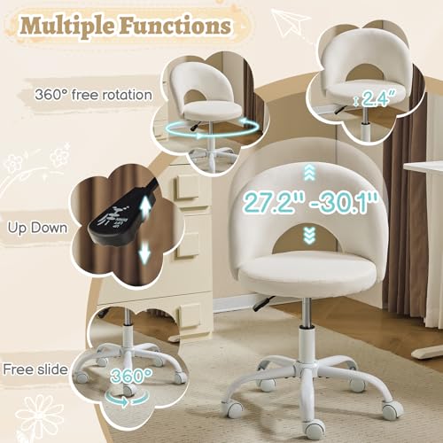 VINGLI Small Vanity Chair with Wheels for Girls.Cute Modern Adjustable Height Armless Office Desk Chair.360°Swivel Comfy Rolling Chair for Study, Make up Room,Small Space,Linen White - color: Linen White