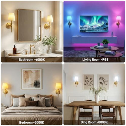 Battery Operated Wall Sconces Set of 2, Wireless Rechargeable Wall Lights with 12 RGB Colors and 3CCT Dimmable, Small Fabric LED Wall Lamps for Bedroom, Living Room, Hallway, Gold - color: Gold