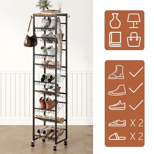 10 Tier Rotating Vertical Shoe Rack Tower, Wooden Tall Shoe Storage Organizer with Hooks, Sturdy Metal Narrow Shoe Shelf for 20 Pairs, Space Saving Rack for Closet Entryway, Rustic Brown - size: 10-tier(13.9 × 11.2 × 65.4)