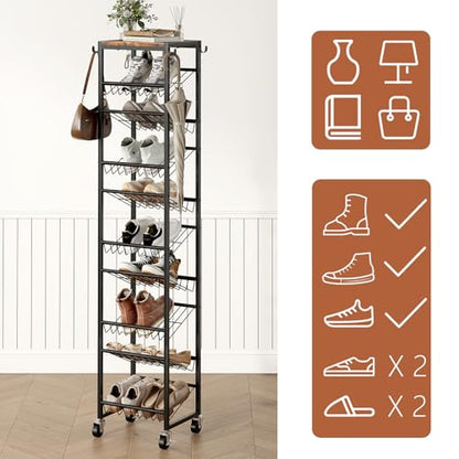 10 Tier Rotating Vertical Shoe Rack Tower, Wooden Tall Shoe Storage Organizer with Hooks, Sturdy Metal Narrow Shoe Shelf for 20 Pairs, Space Saving Rack for Closet Entryway, Rustic Brown - size: 10-tier(13.9 × 11.2 × 65.4)