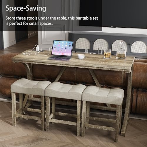 allamazing 4-Piece Counter High Bar Table Set with Socket and 3 Fabric Padded Bar Stools, Tall Kitchen Breakfast Nook with Stool (1+3 Natural) - color: 1+3 Natural