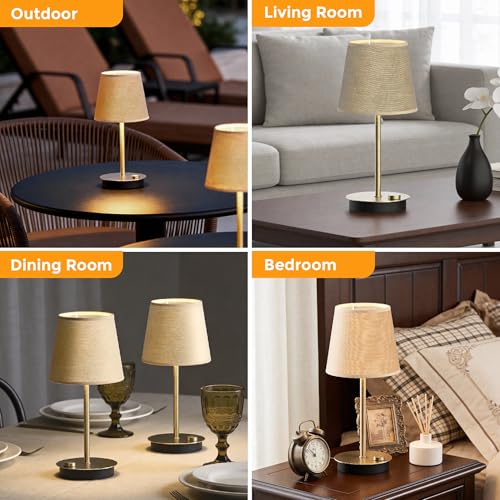 Rechargeable Cordless Table Lamp with Fabric Shade, 2 Pack, Brass | 3600mAh Battery Operated Table Lamp, 2700K Warm Light, Stepless Dimming, for Bedroom, Dining Room, Living Room